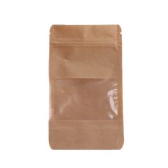 Papīra maisi "doypack" 8.5x5x14.5cm ar lodziņu, 100ml, ar zip-lock aizdari, brūni, iepakojumā 100gab.