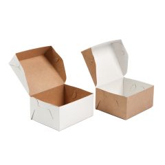 Kartona kūku kastes 14x11,5x7cm ar atlokāmu vāku un ieliktni, baltas/ brūnas, iepakojumā 100gab.