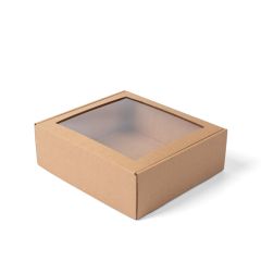 Gofrētā kartona kastes ar atlokāmu vāku un lodziņu 215 x 195 x 70mm, brūnas, iepakojumā 50 gab.
