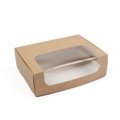 Kartona kārbas 220 x 170 x 70mm ar atlokāmu vāku, lodziņu un ieliktni, brūnas, iepakojumā 100 gab.